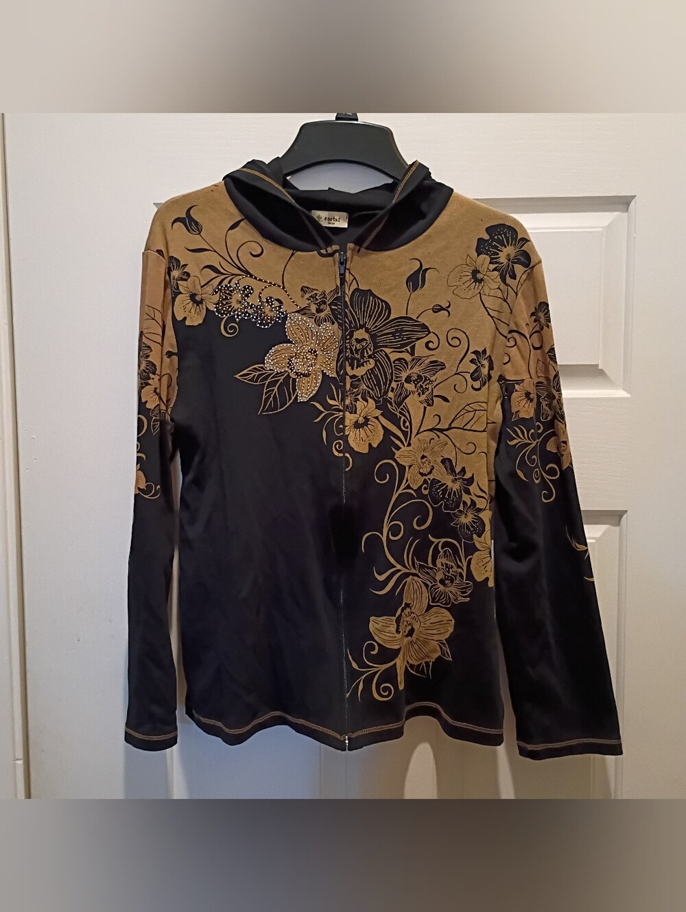 Vintage y2k Cactus black and gold zip-up hoodie with floral design and rhineston